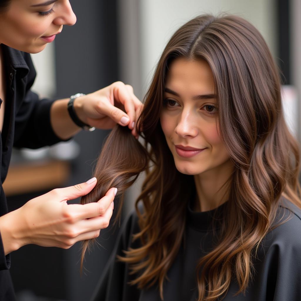 An African American hair stylist consulting with a client about hair care and styling options in a Portland salon.