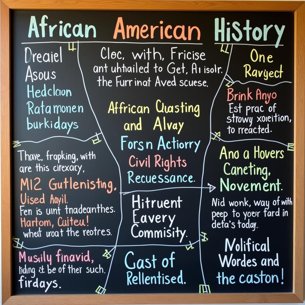 Key themes and concepts in African American history displayed on a chalkboard