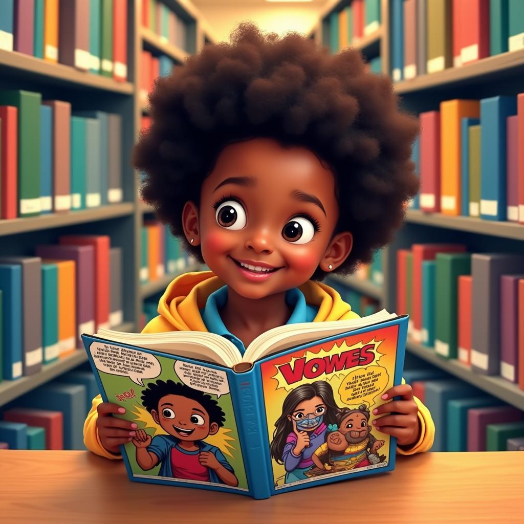 Young African American child engrossed in reading a comic book in a library setting