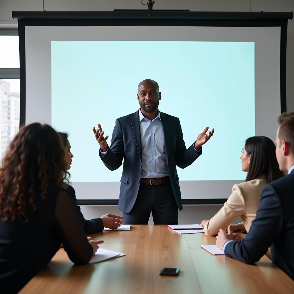 An African American man confidently presents his ideas in a corporate boardroom, surrounded by colleagues.