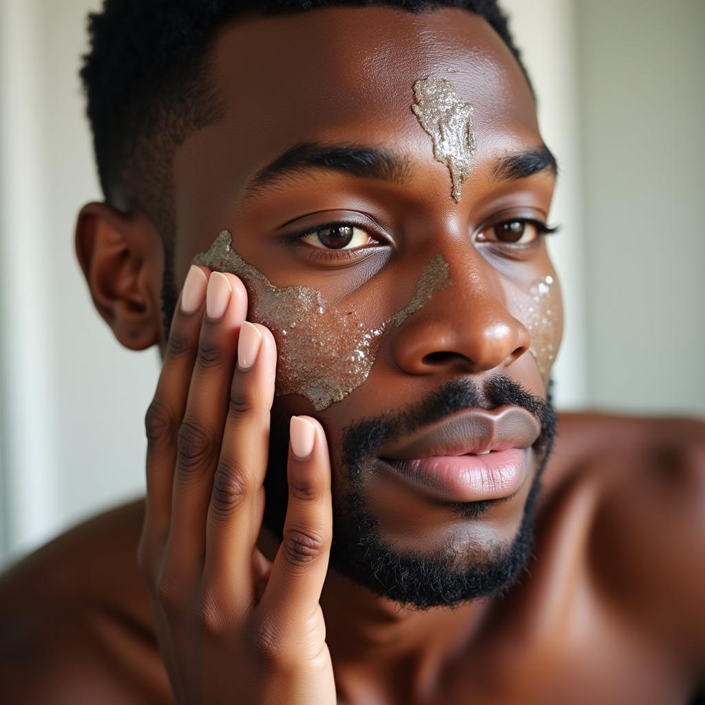 African American Men Exfoliating Face