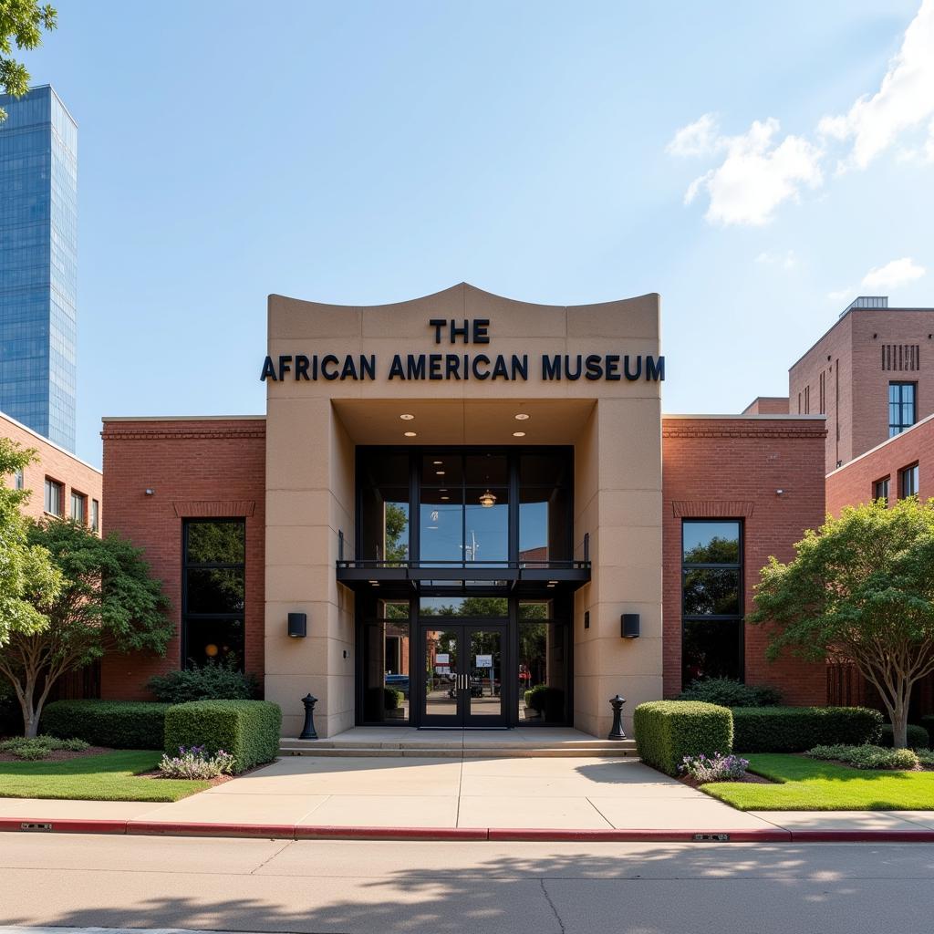 Exterior of the African American Museum in Dallas, showcasing its architectural design and prominent signage.