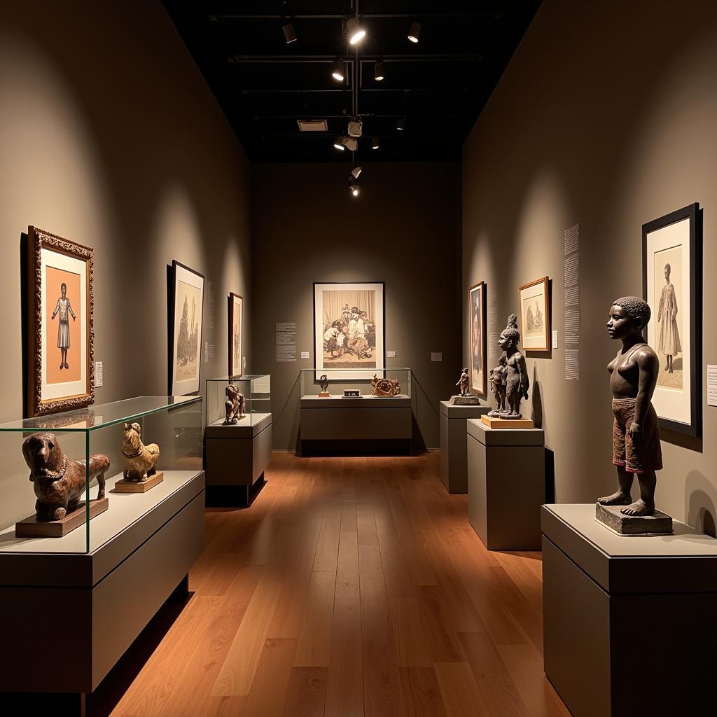 Interior view of a museum exhibition showcasing African American art and artifacts