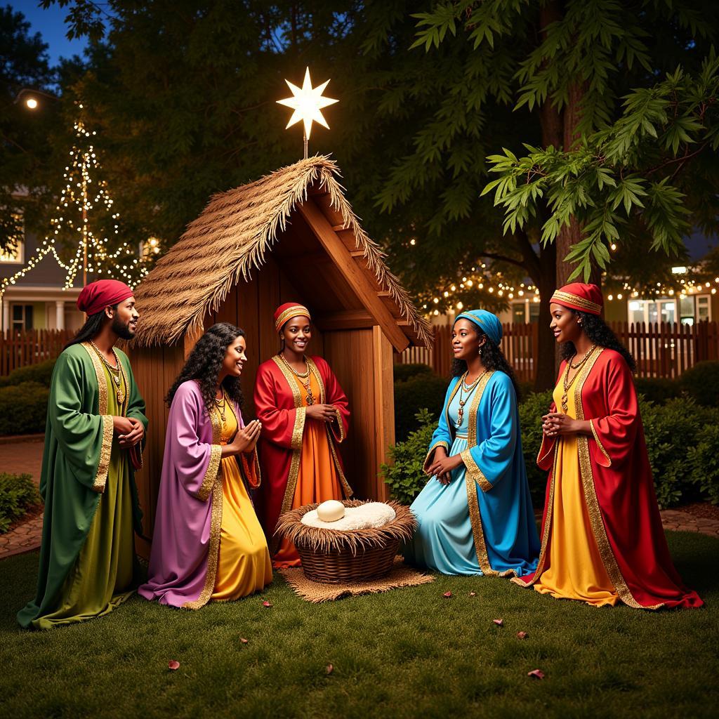 Outdoor display of a life-sized African American nativity scene