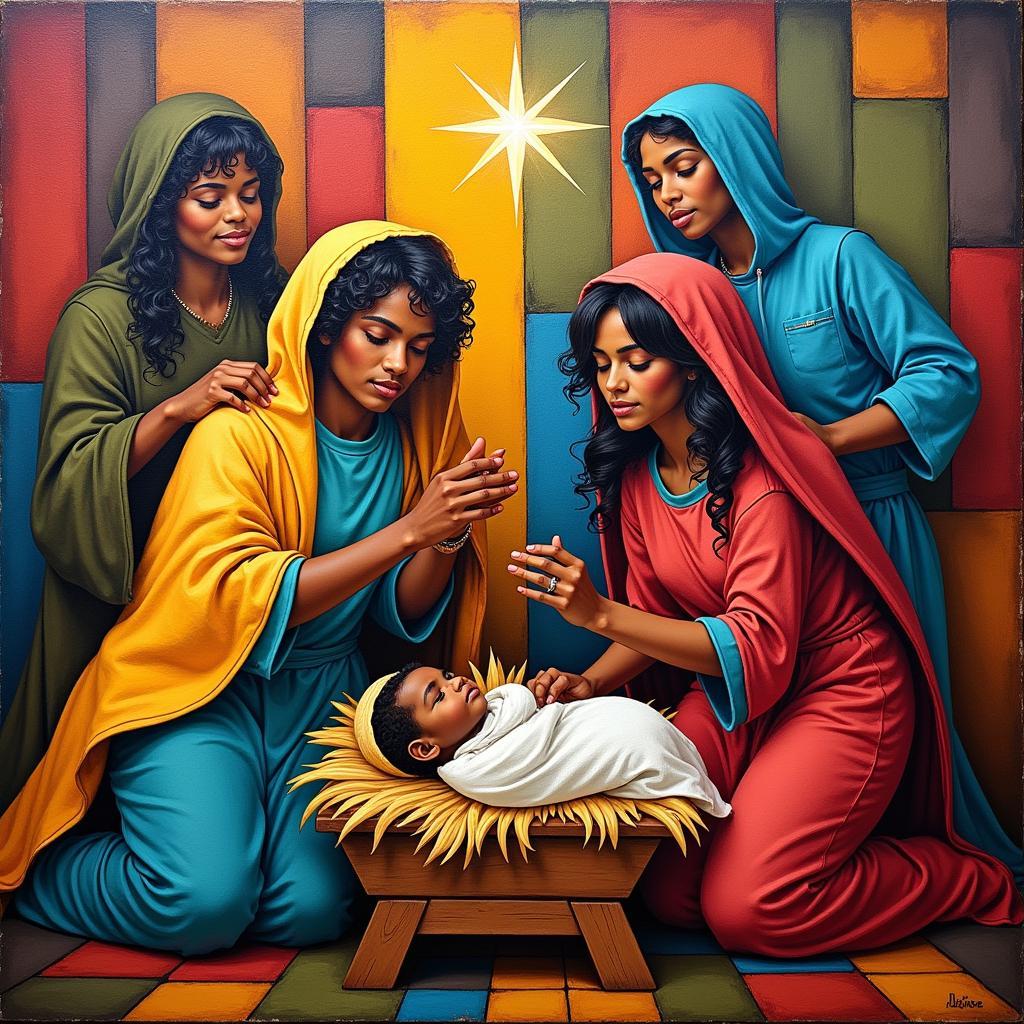 Modern style painting of an African American nativity scene