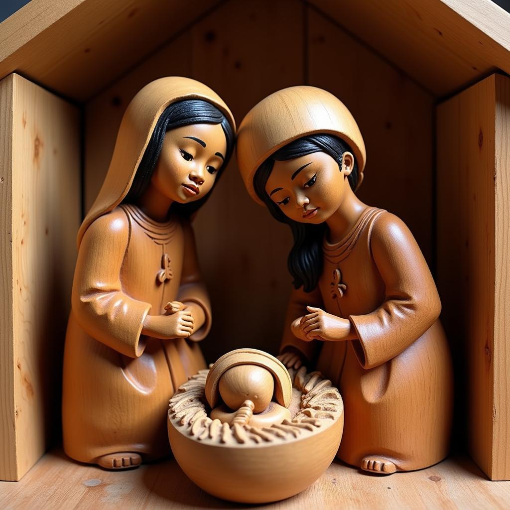 Intricately carved wooden African American nativity scene