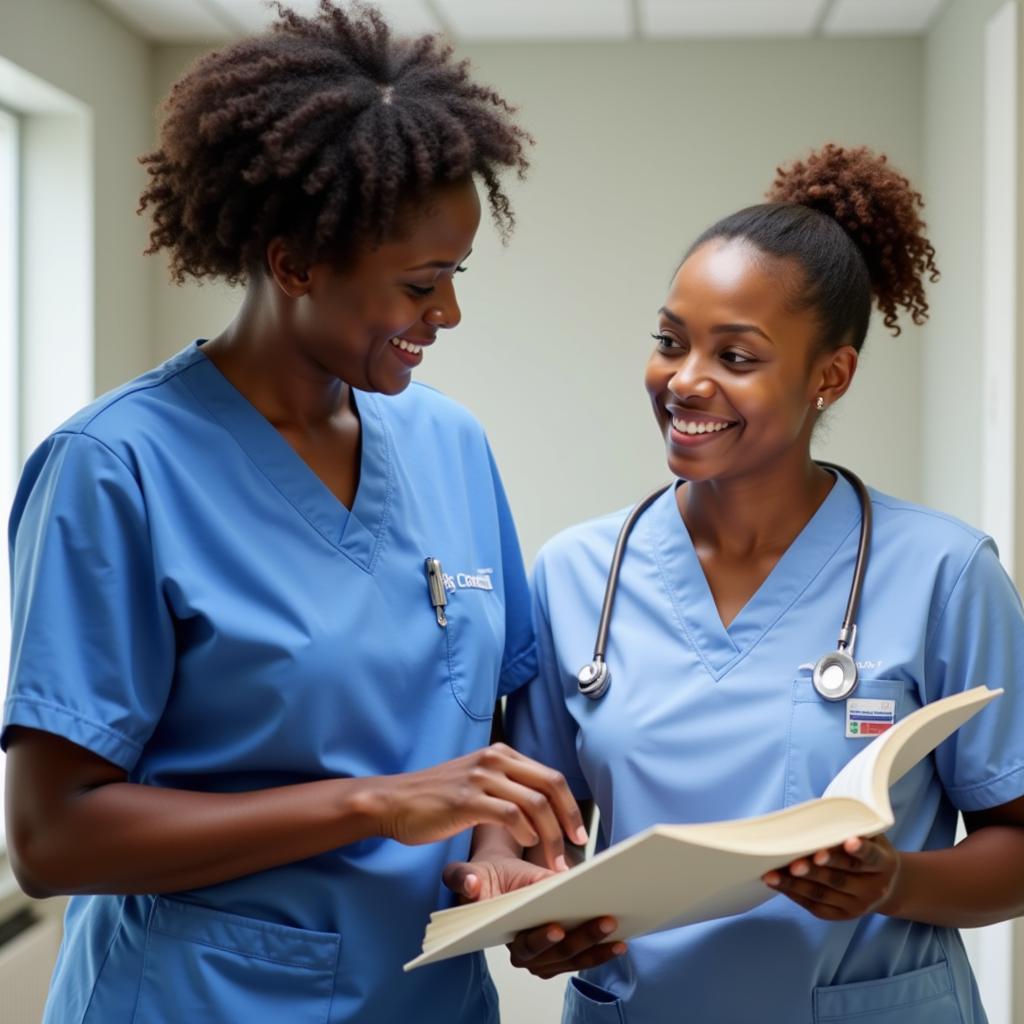 An experienced African American nurse mentoring a nursing student, providing guidance and support.