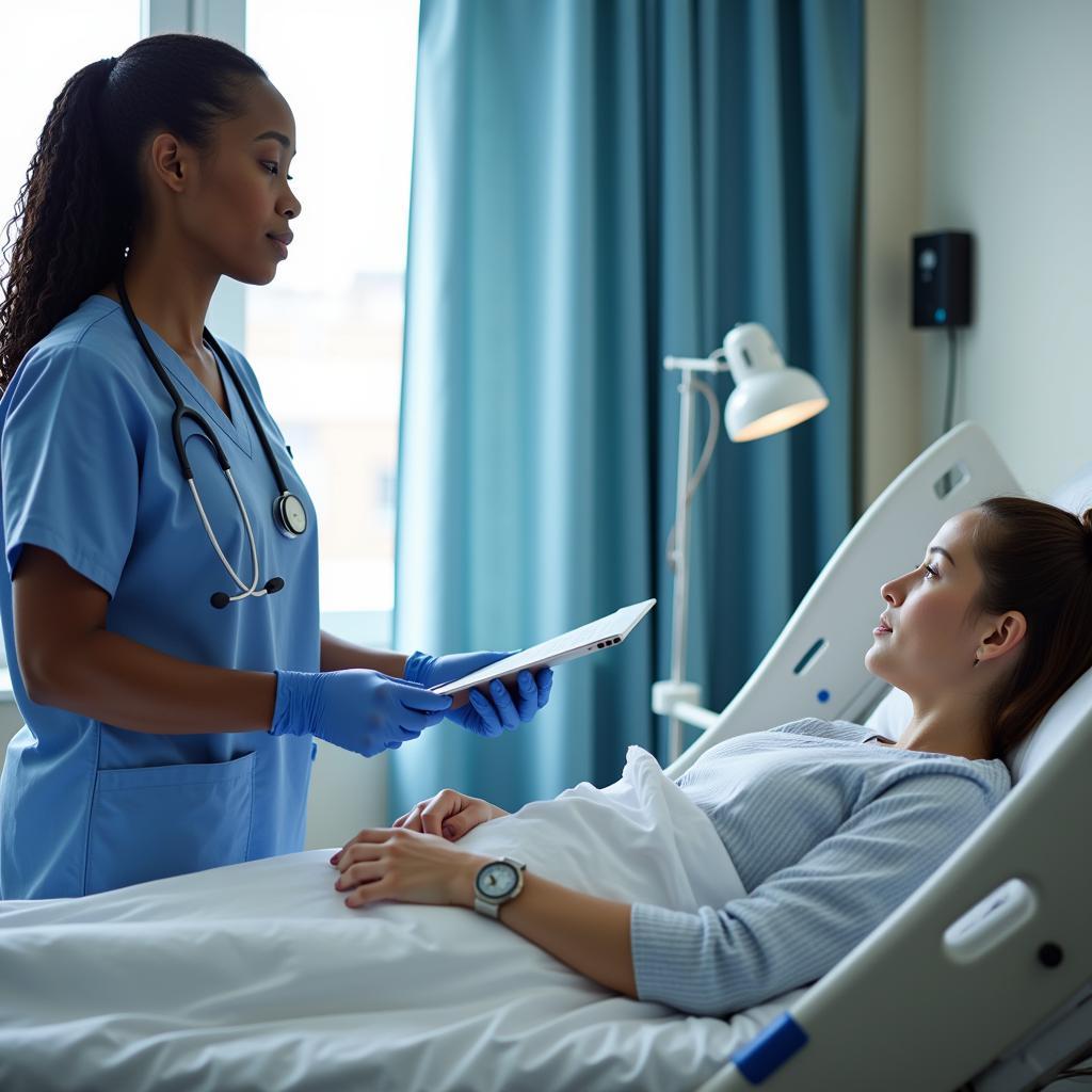 An African American nurse working in a hospital setting, providing compassionate patient care.