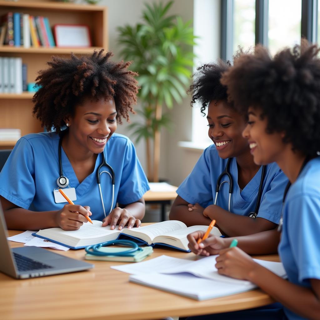 African American nursing students studying together, preparing for exams.