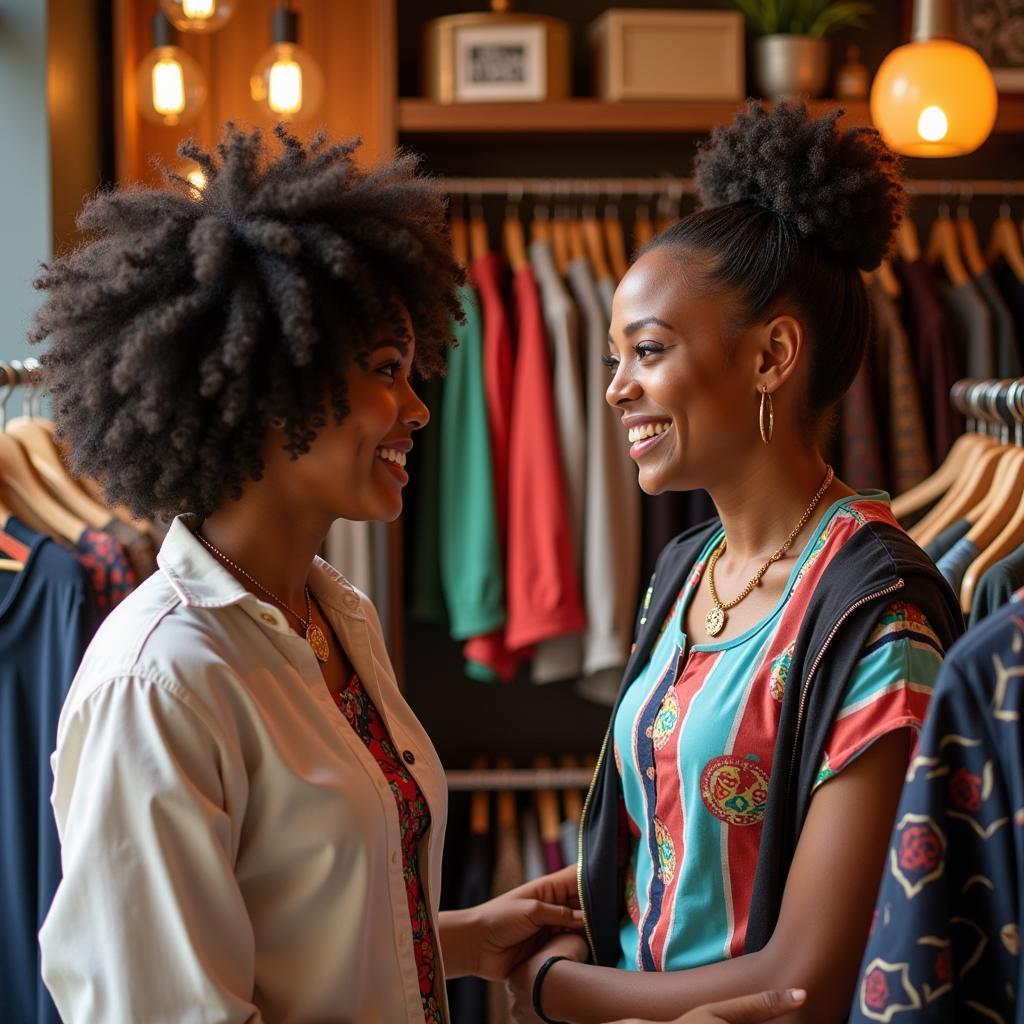 African American boutique owner assisting a customer with a selection of colorful clothing.