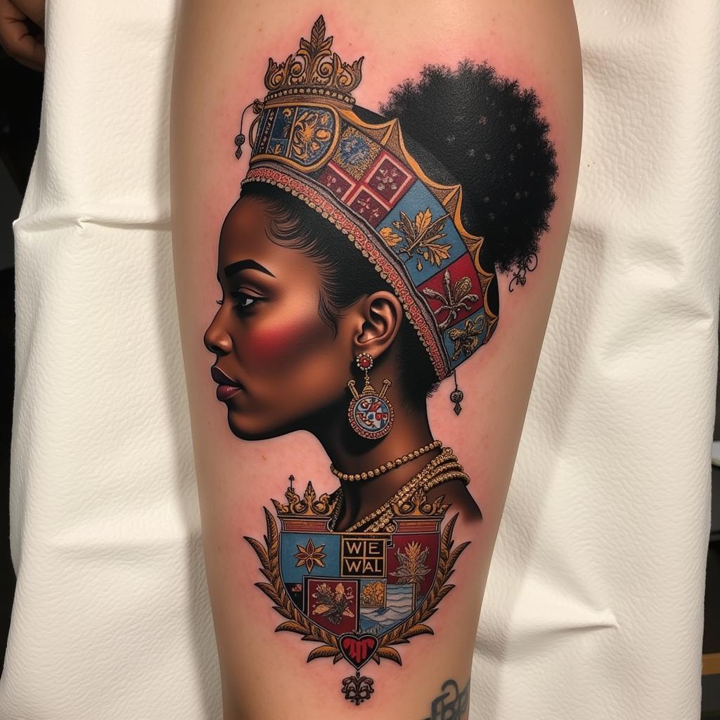 African American Queen Tattoo with Family Symbols