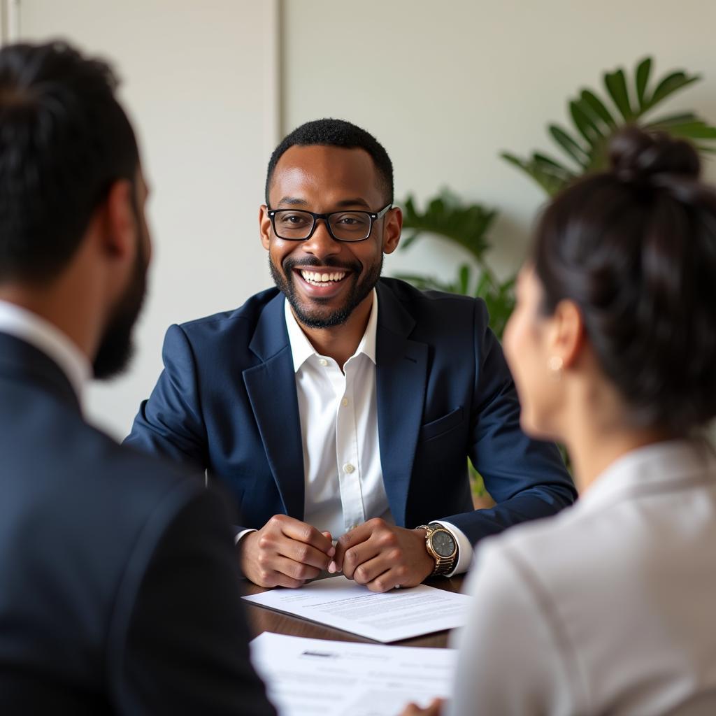 African American real estate agent meeting with clients