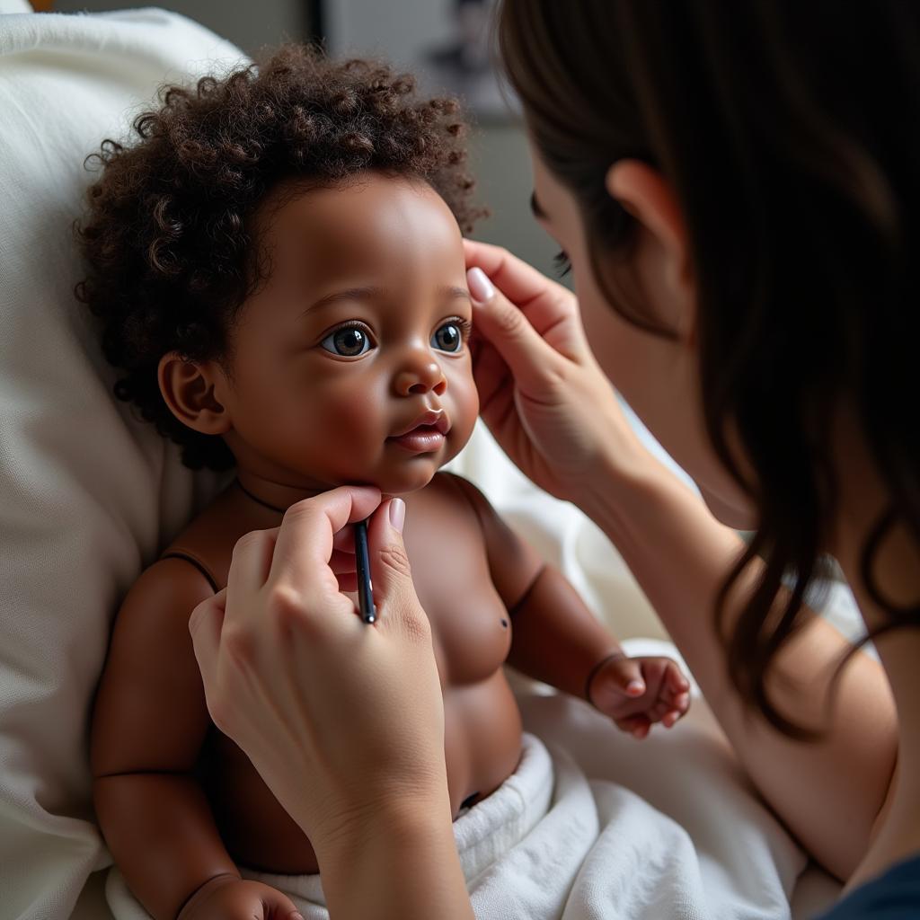 An artist meticulously working on an African American silicone baby doll