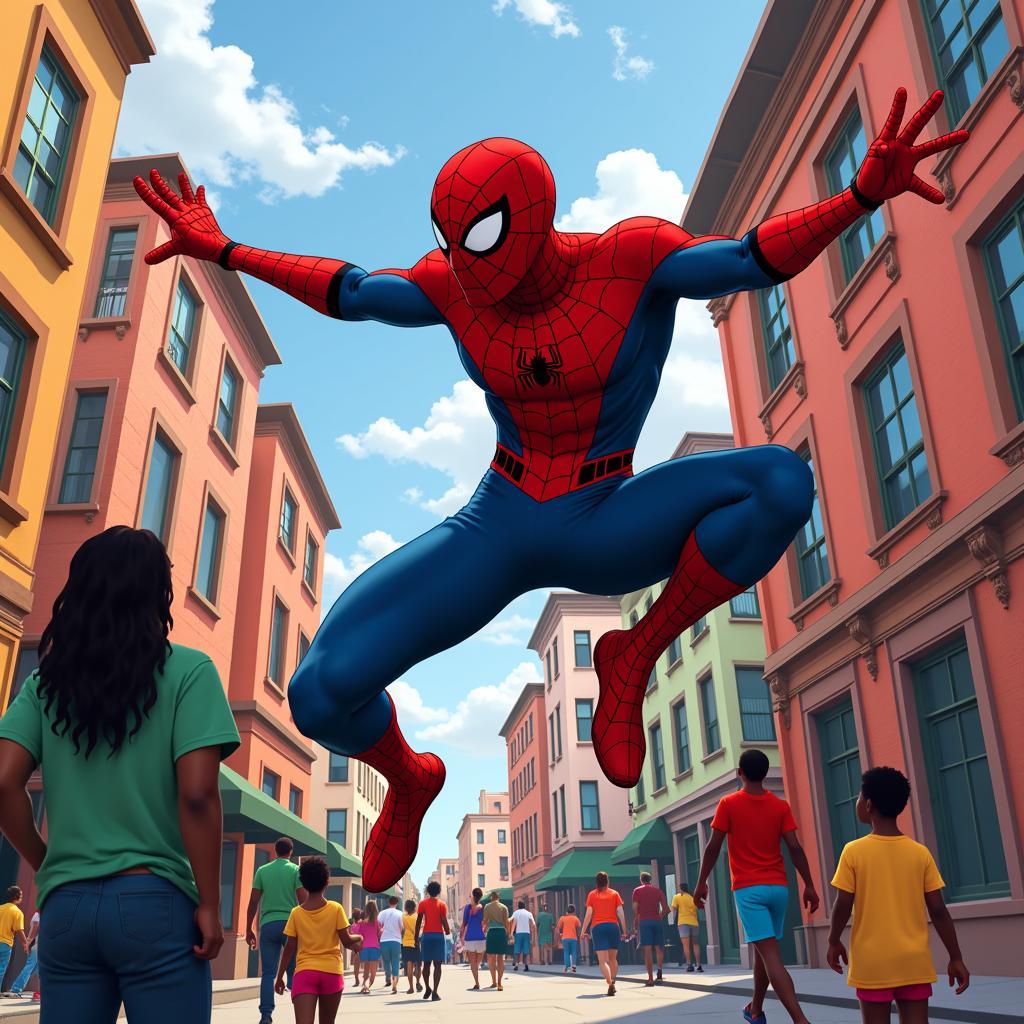 African American Spiderman Swinging Through a Cityscape