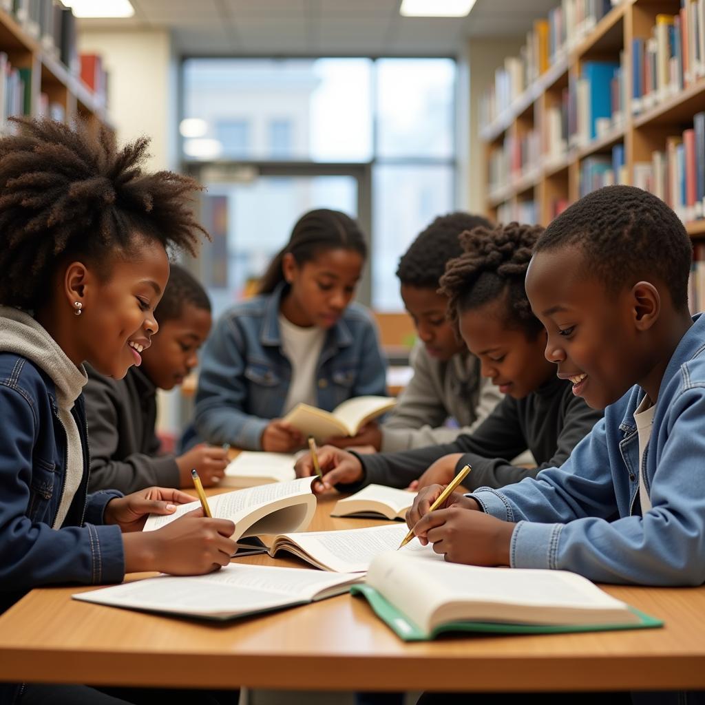 African American students engaged in reading activities at a public library