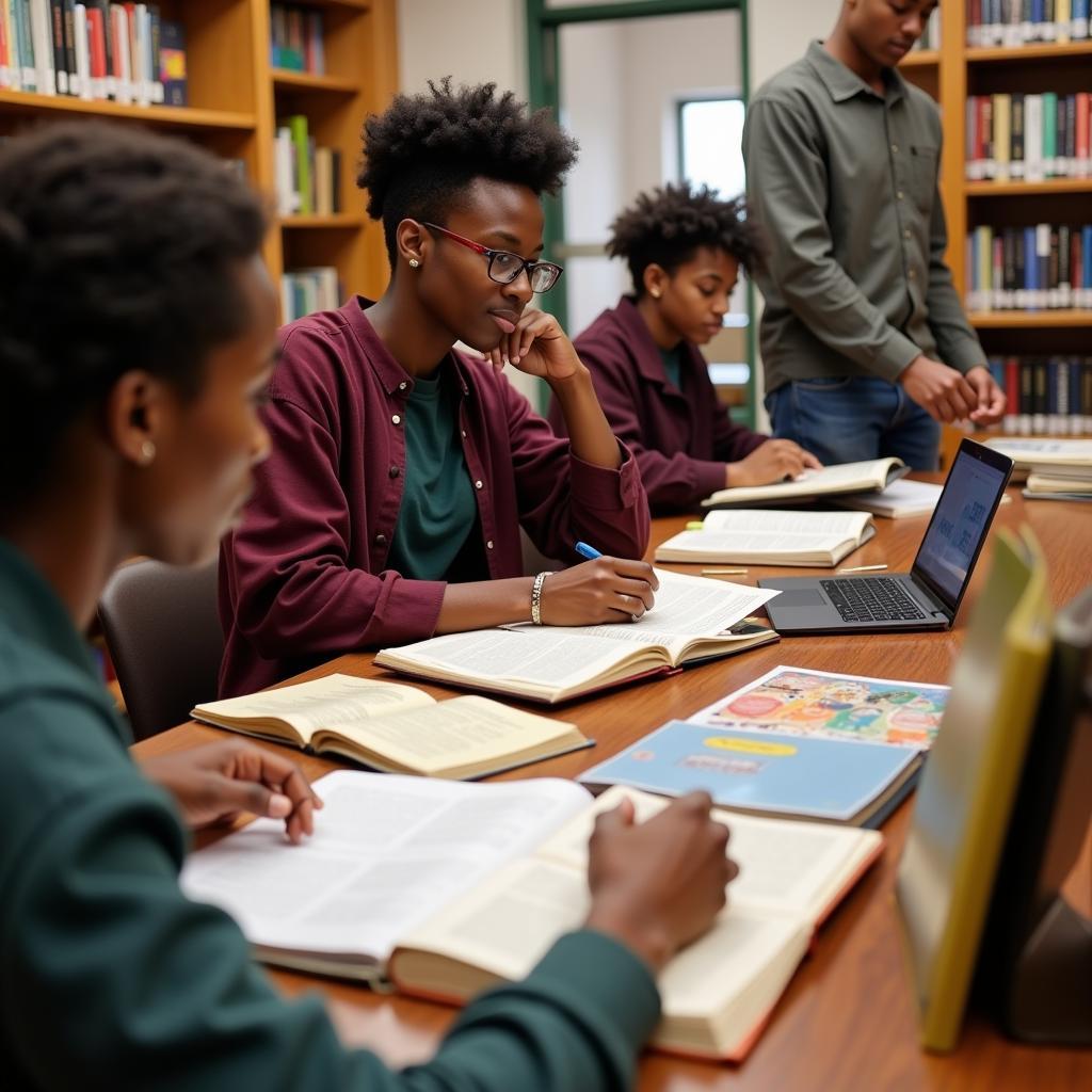 Students conducting research in a university library, surrounded by books on African American history and literature