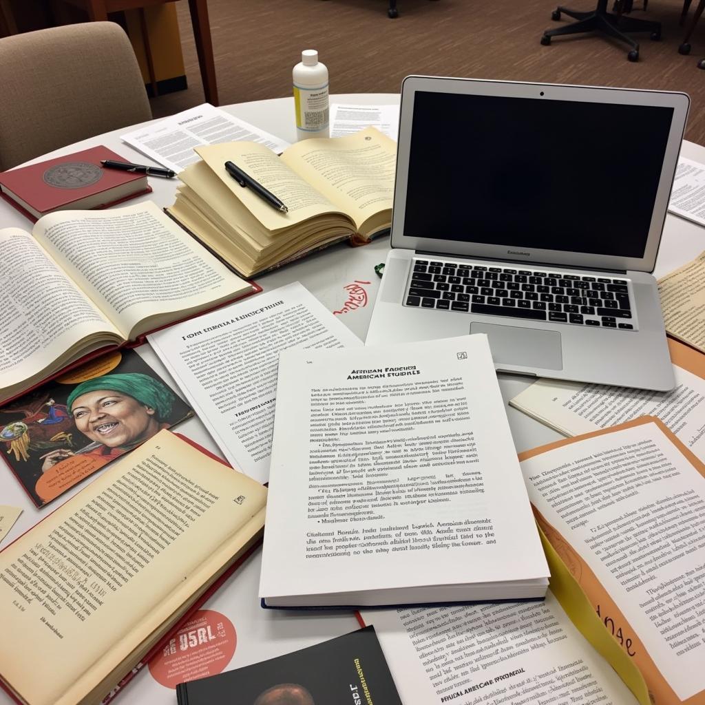 Research materials for African American Studies including books and a laptop