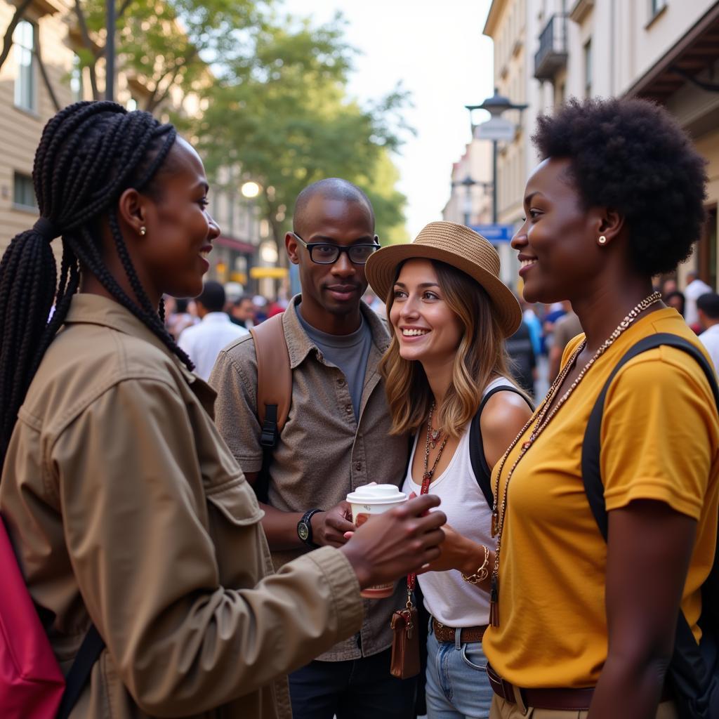 African American travelers interacting with local communities in Africa, sharing experiences and learning about each other's cultures.