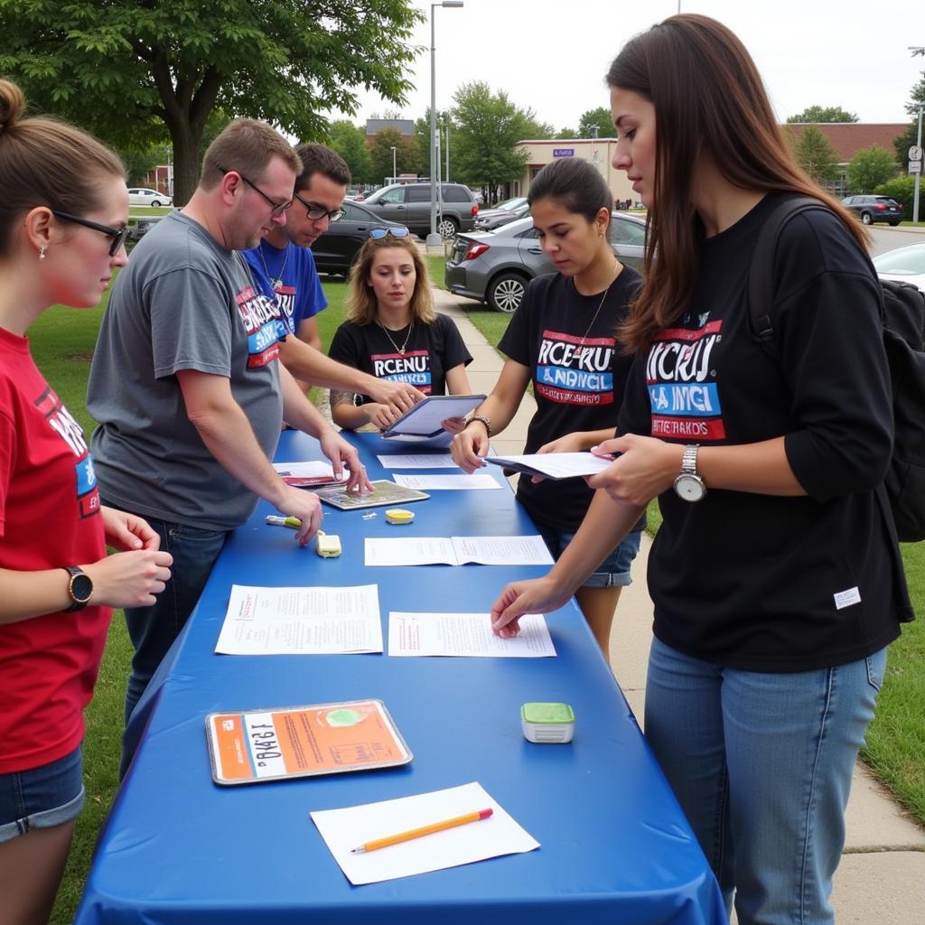 Volunteers assisting people with voter registration at a community event