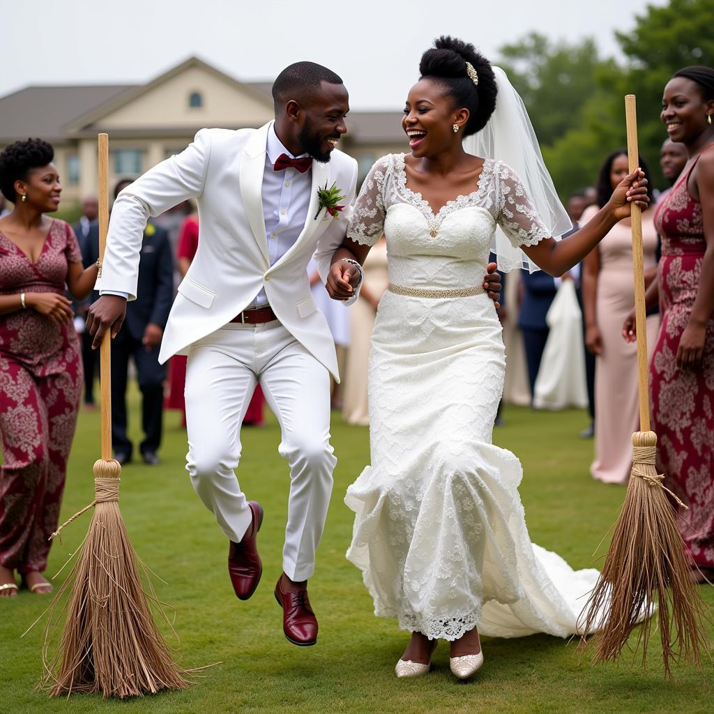 African American couple jumping the broom during wedding ceremony