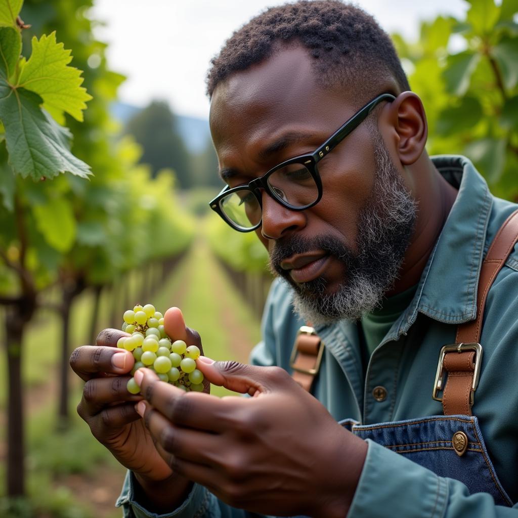 African American Winemaker Inspecting Grapes in the Vineyard