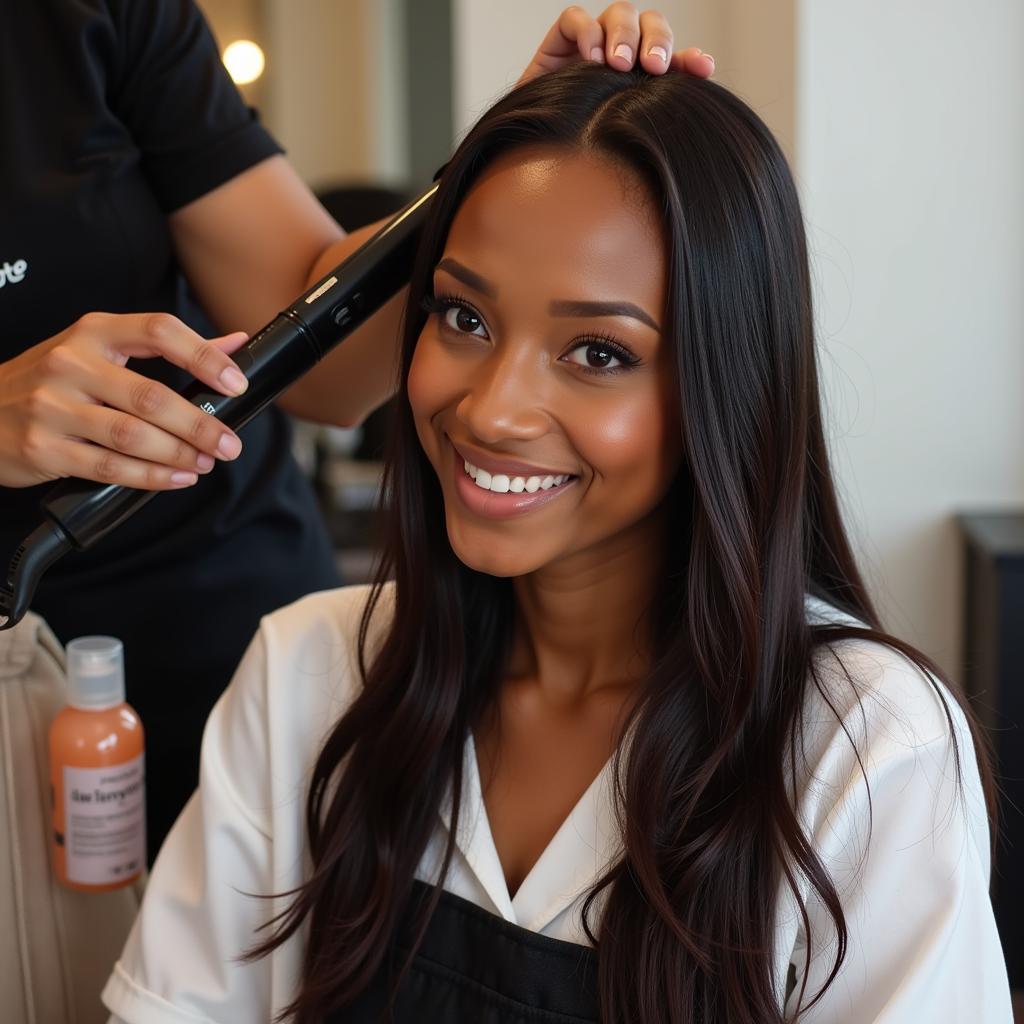 Woman getting hair straightened