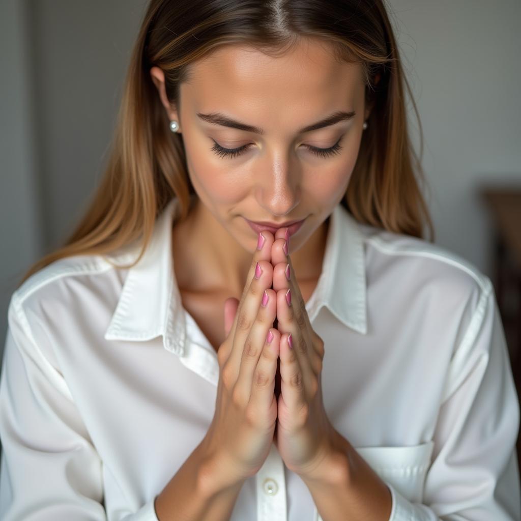 A serene image of an African American woman praying, conveying a sense of peace and connection with the divine