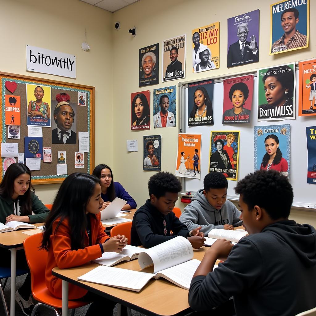 African American writers posters displayed in a classroom setting.