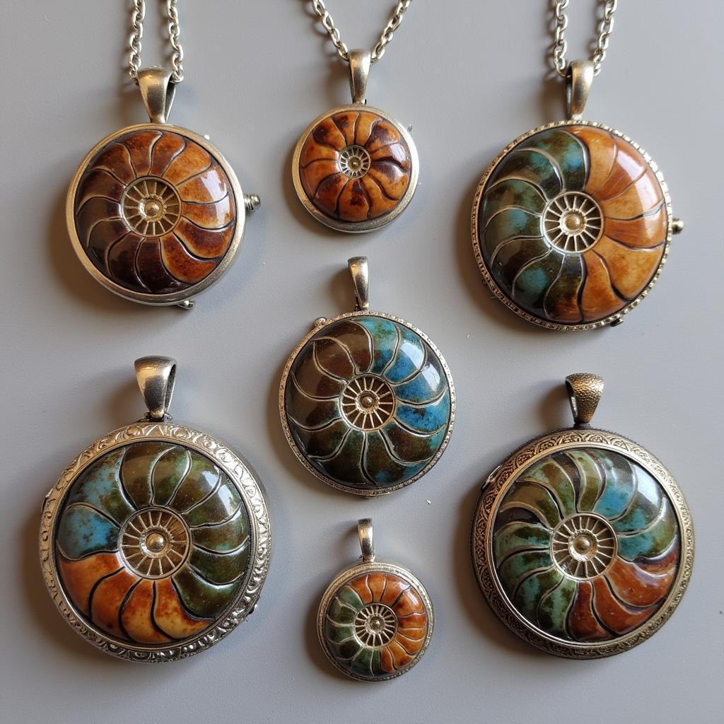 Variety of African ammonite lockets showcasing different sizes, shapes, and colors