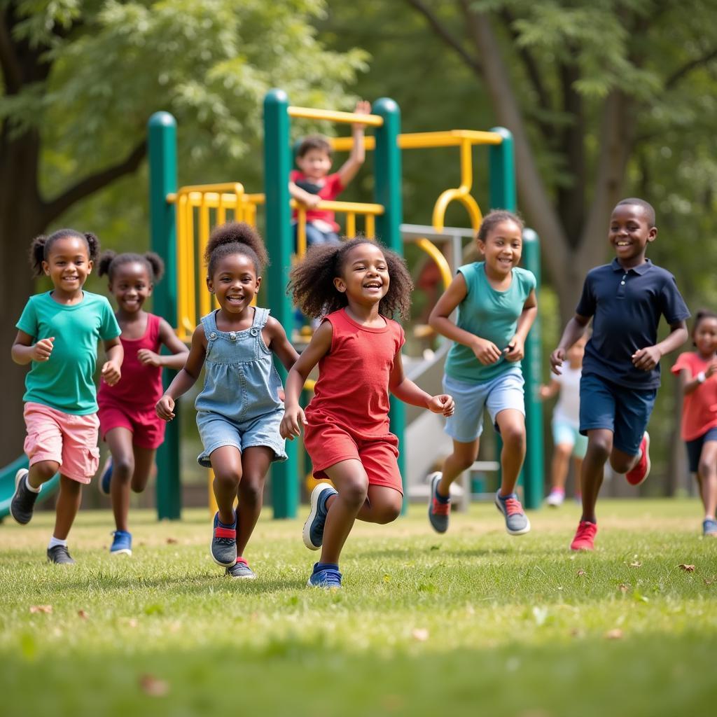 African and White Children Playing Together in a Park