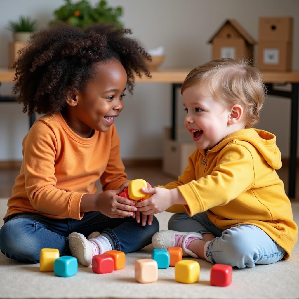 African and White Kids Sharing Toys and Playing Together