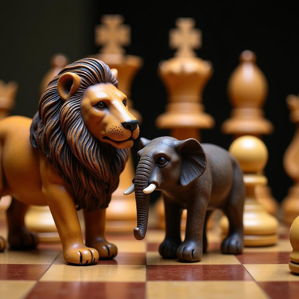 African Animal Chess Set: Lion vs Elephant