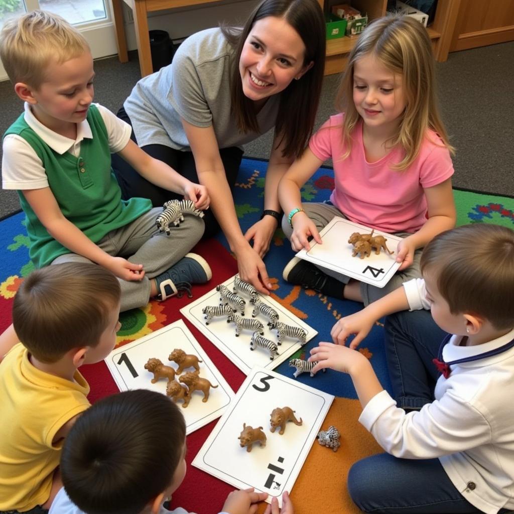 EYFS children engaged in a counting activity with African animal toys