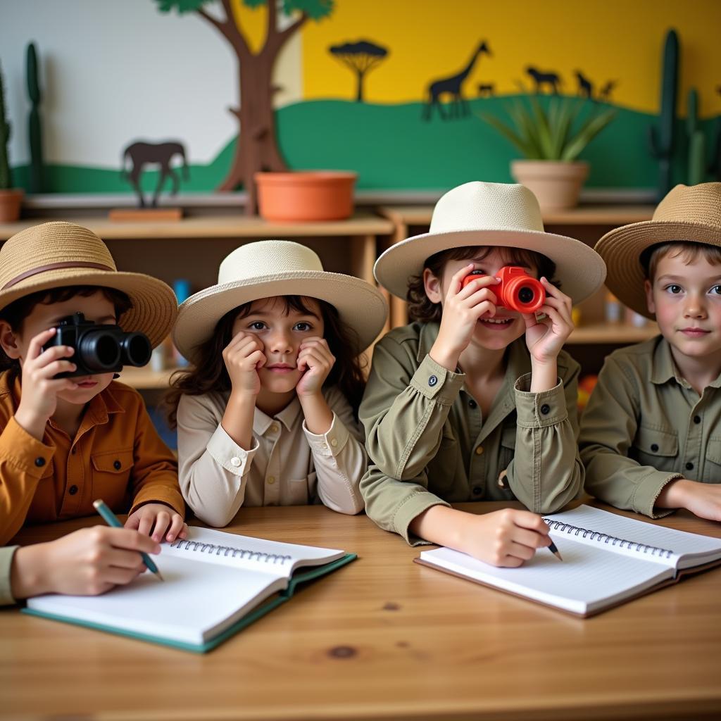 Children participating in an African animal role-playing activity dressed as explorers