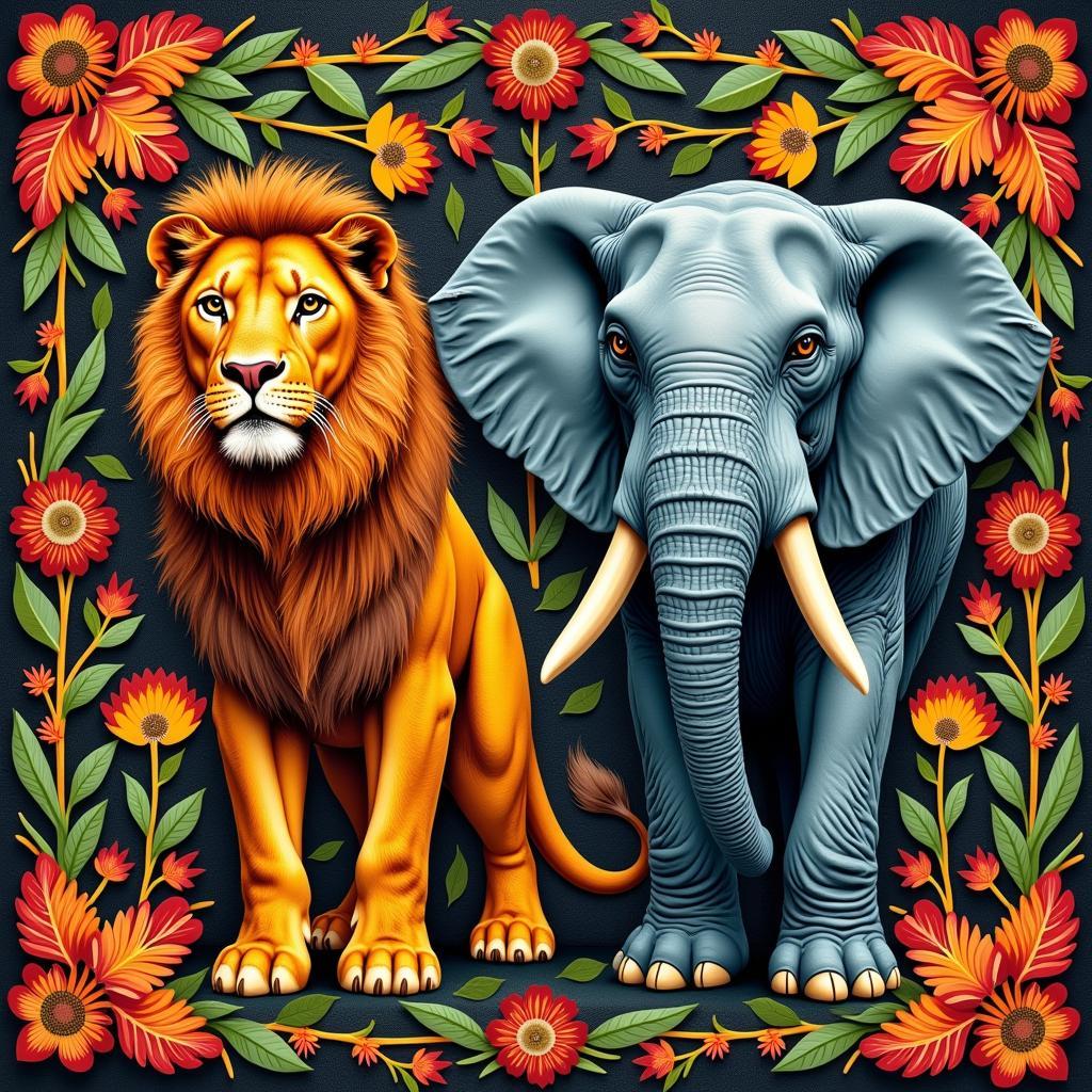 Lion and Elephant African Animal Tapestry