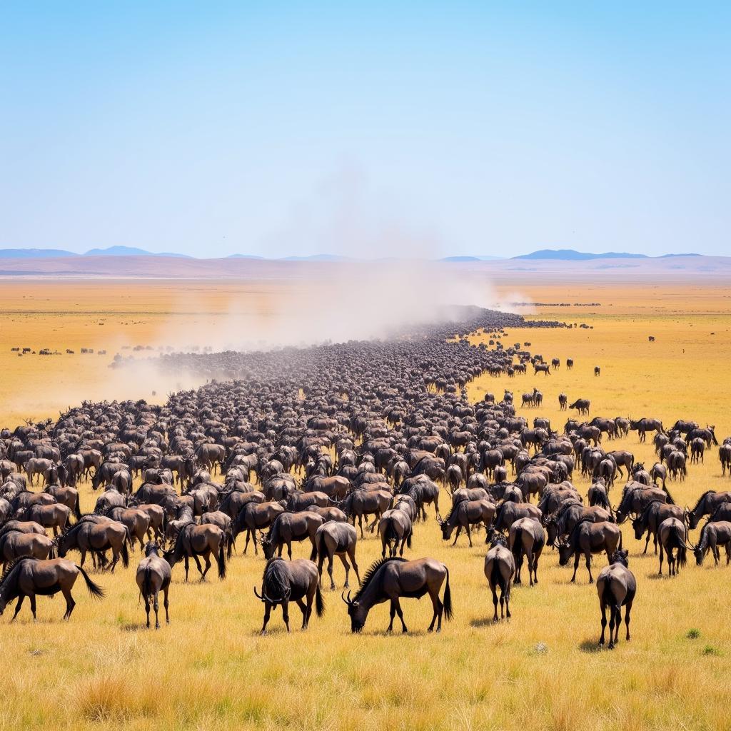 Thousands of wildebeest and zebras migrating across the Serengeti plains during the great migration.