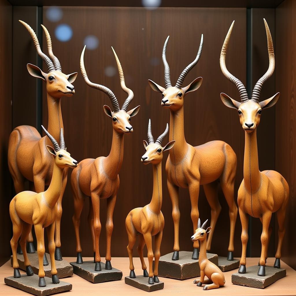 Hand-carved wooden African antelope toys showcasing traditional craftsmanship.