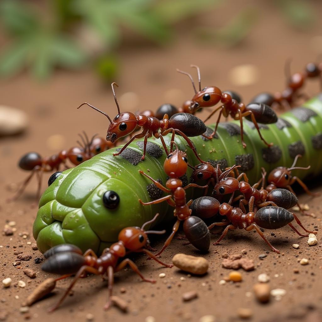 African Ants Attacking a Caterpillar