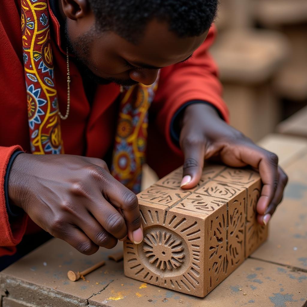 African Artisan Carving Wooden Block for Printing