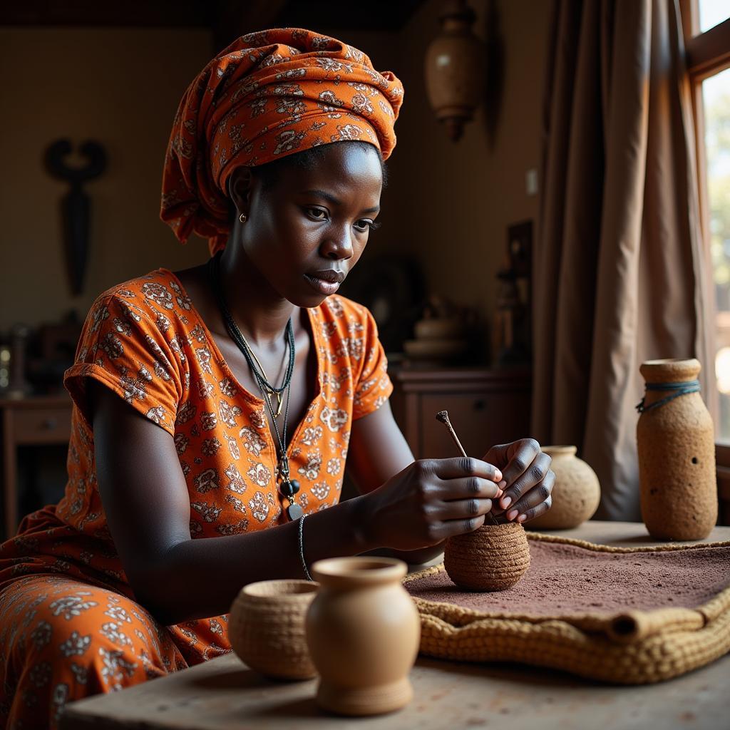 African artisan creating traditional crafts