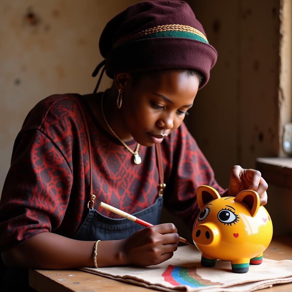 An African artisan meticulously hand-painting an African face piggy bank.