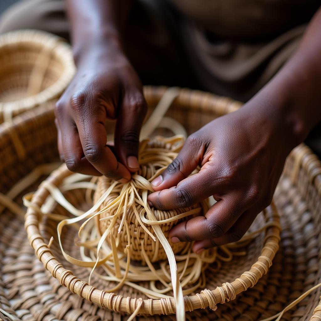 African Artisan Weaving a Basket