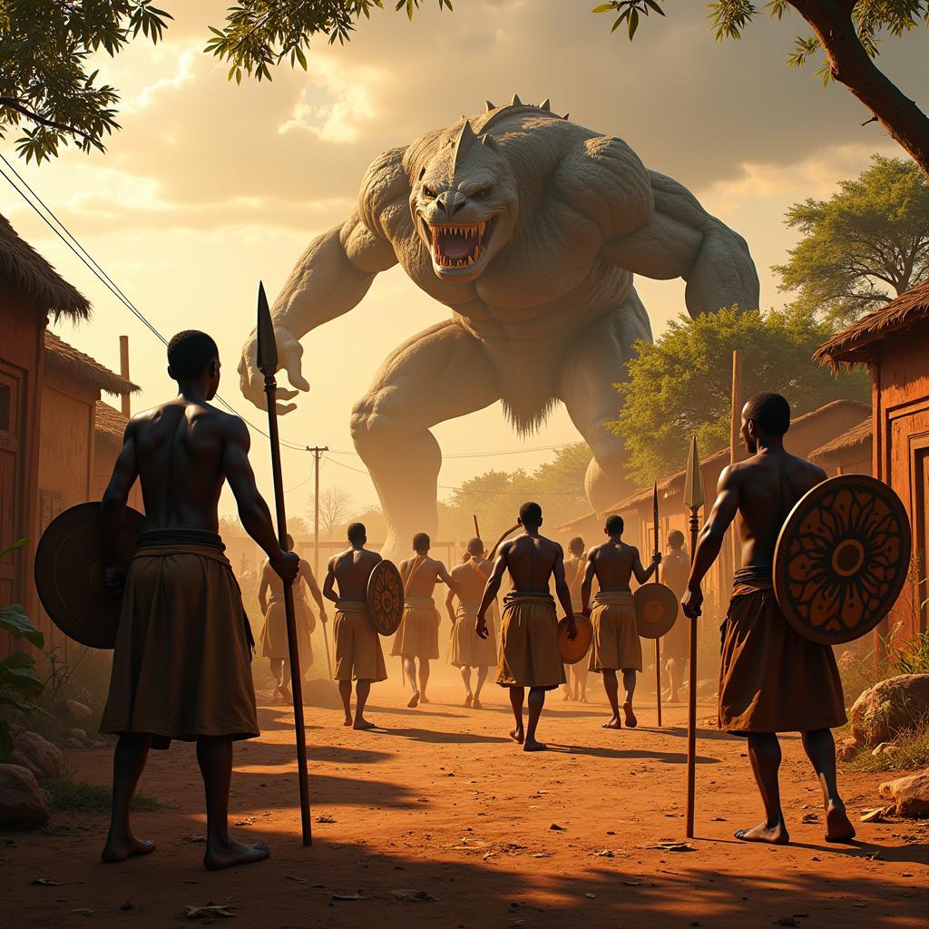 Conceptual scene from an "African Attack on Titan" story, depicting a community defending their village.