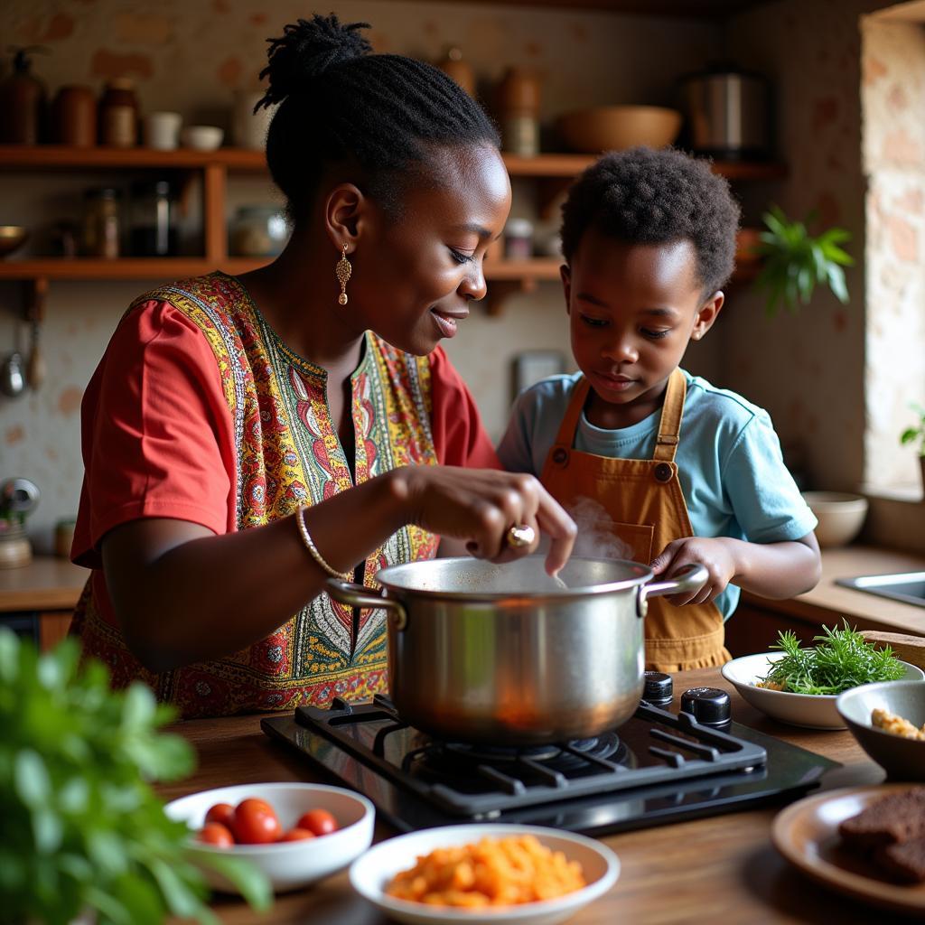 African Aunty and Young Boy Cooking Together