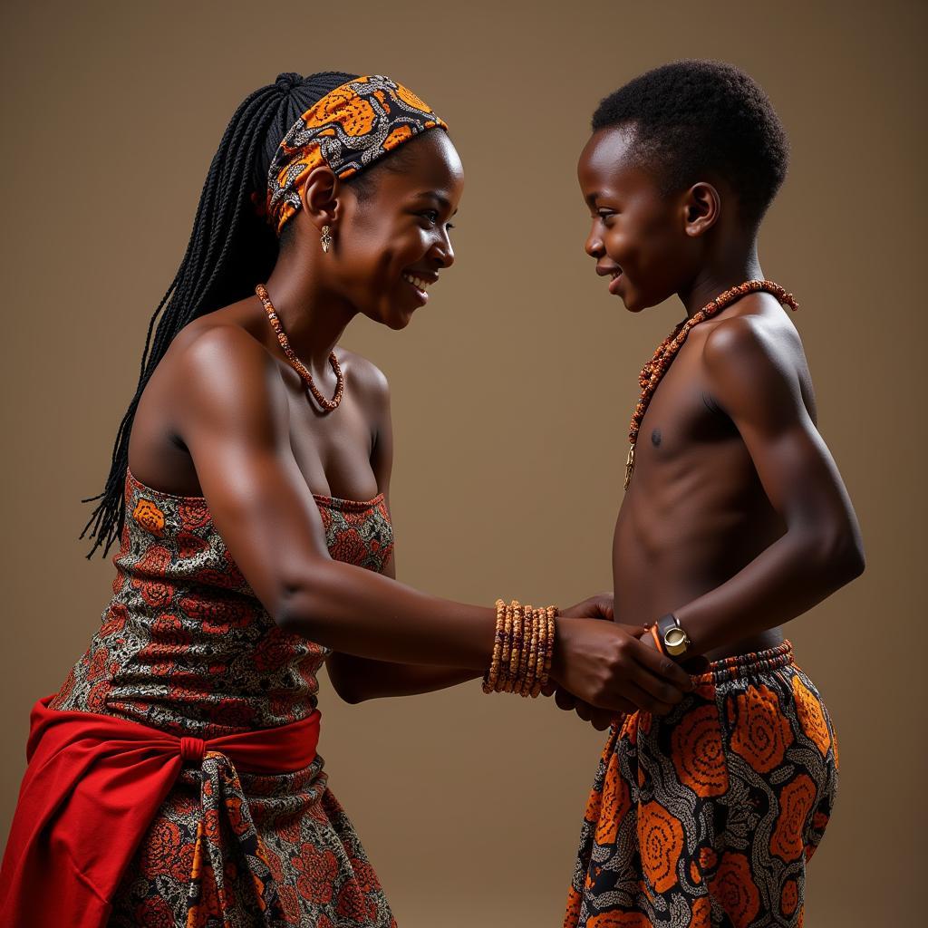 African Aunty Teaching Young Boy Traditional Dance