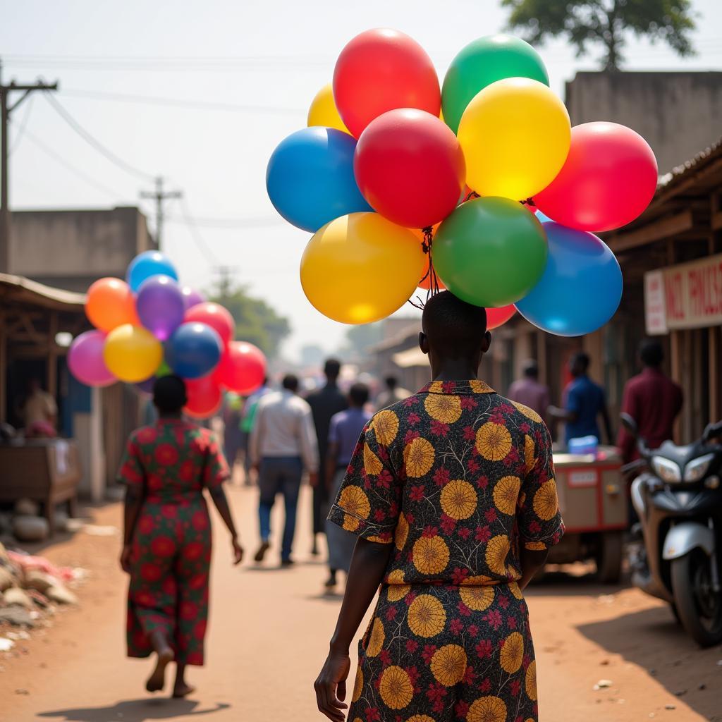 Street vendors selling colorful balloons in an African market