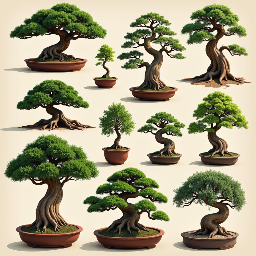 A collection of various African baobab bonsai, showcasing different sizes, shapes, and styles of cultivation.