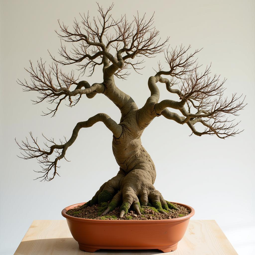 A majestic African baobab bonsai in a terracotta pot, showcasing its thick trunk, sparse branches, and unique silhouette against a neutral background.