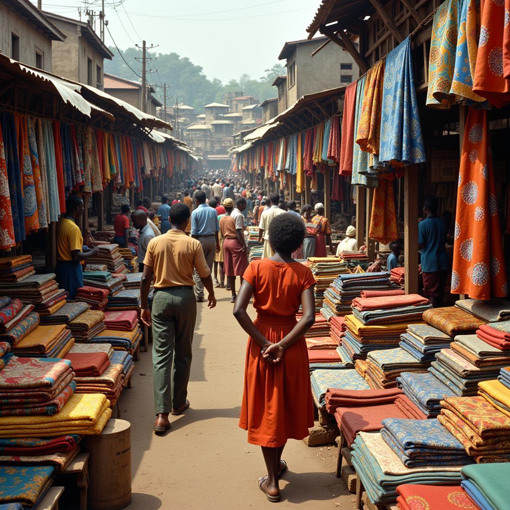 A bustling market scene with vendors selling colorful African batik fabrics in the 1940s