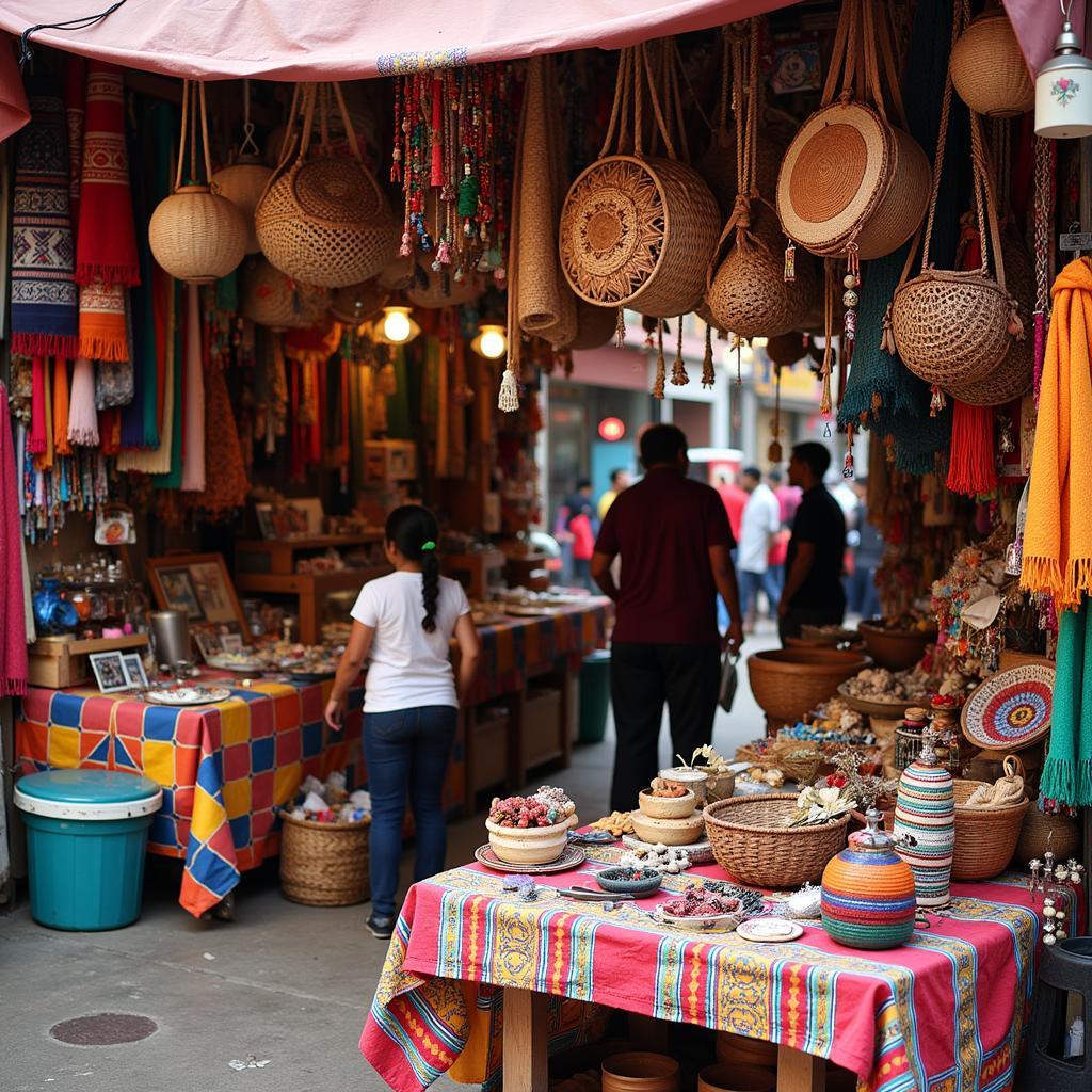 Colorful Textiles and Crafts in a Bustling African Bazaar